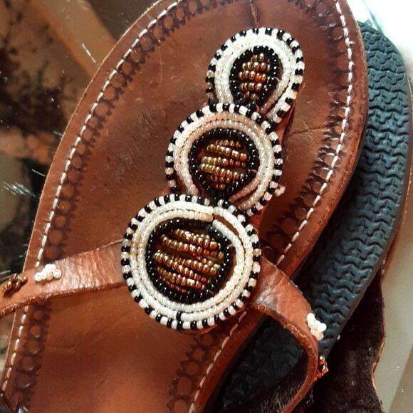 Handmade Beaded Brown Leather Sandals 8M - Picture 4 of 5